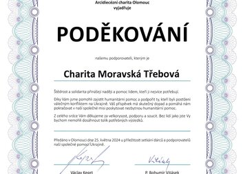 Poděkování od Arcidiézní charity Olomouc za pomoc Ukrajině